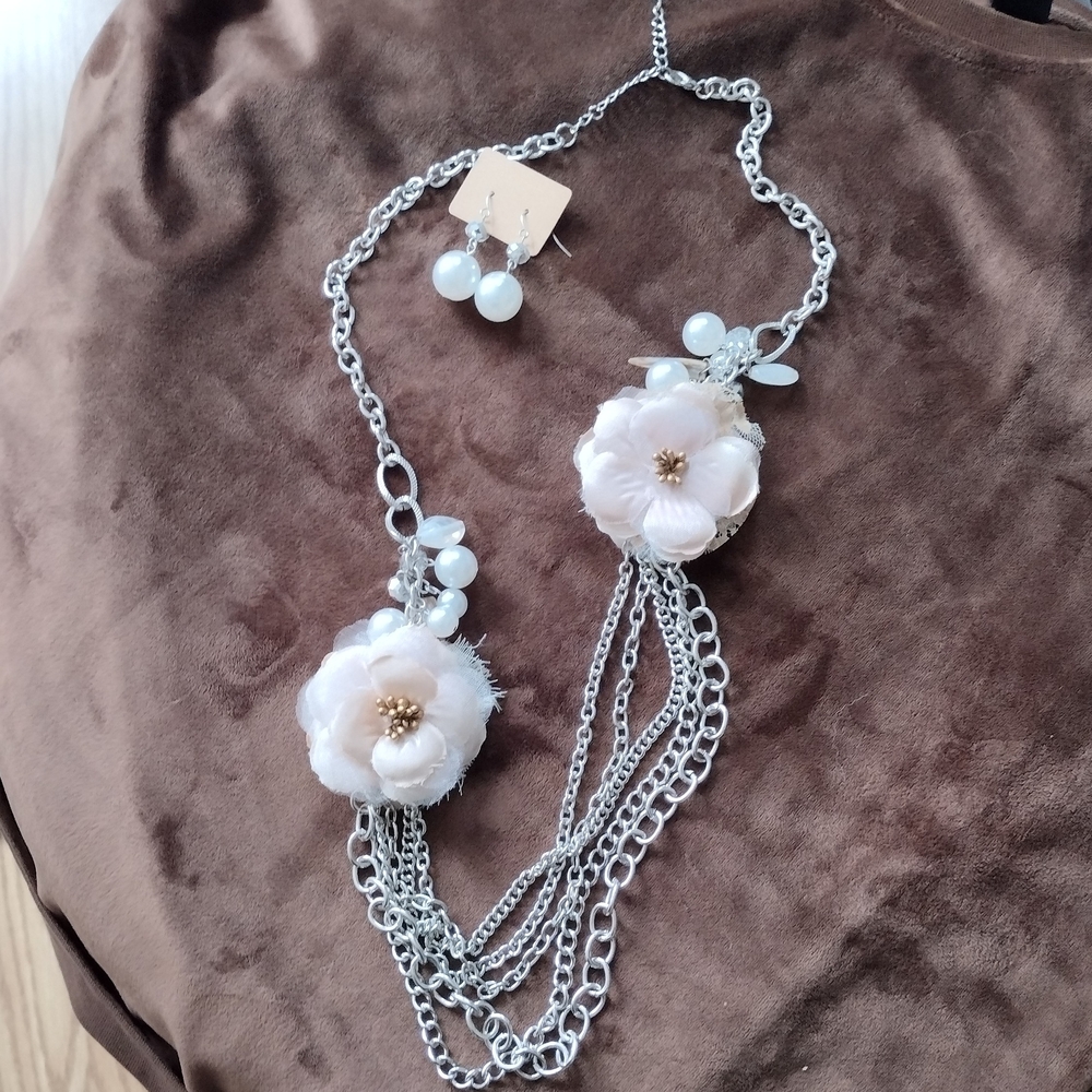3/$21 Silver-tone Multi Chains Necklace With Cream Floral Accent + Earring